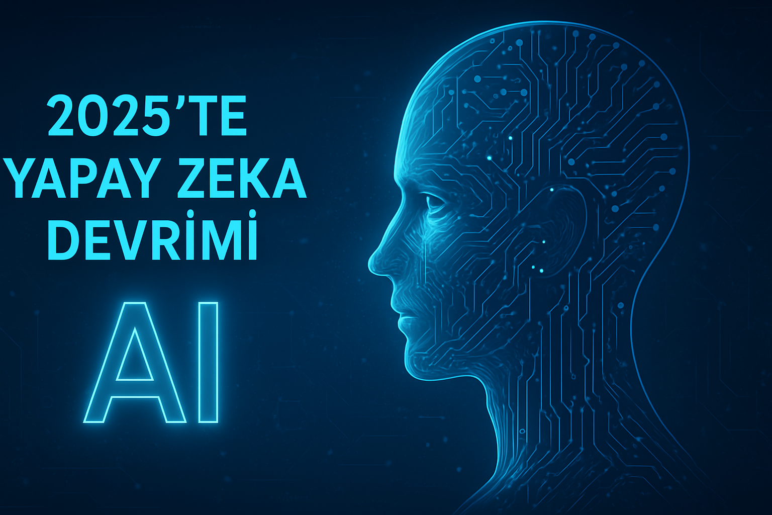 2025’te Yapay Zeka devrimini temsil eden mavi tonda dijital insan silueti ve AI yazısı