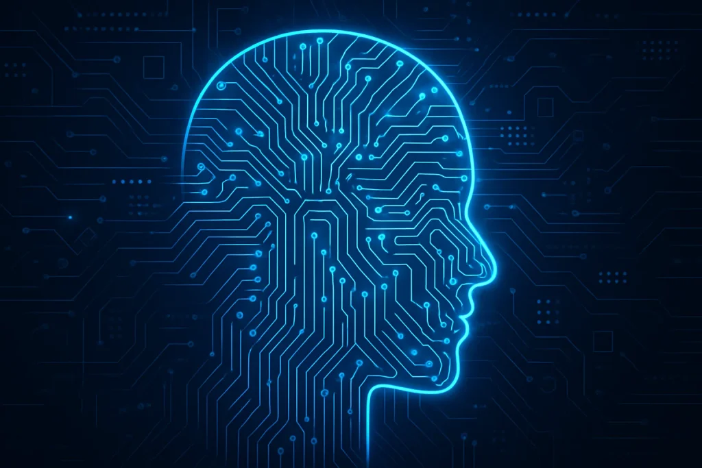 "Geleceğin teknolojisini simgeleyen, 2025 yapay zekâ temalı dijital insan yüzü ve mavi neon devrelerle oluşturulmuş modern illüstrasyon"