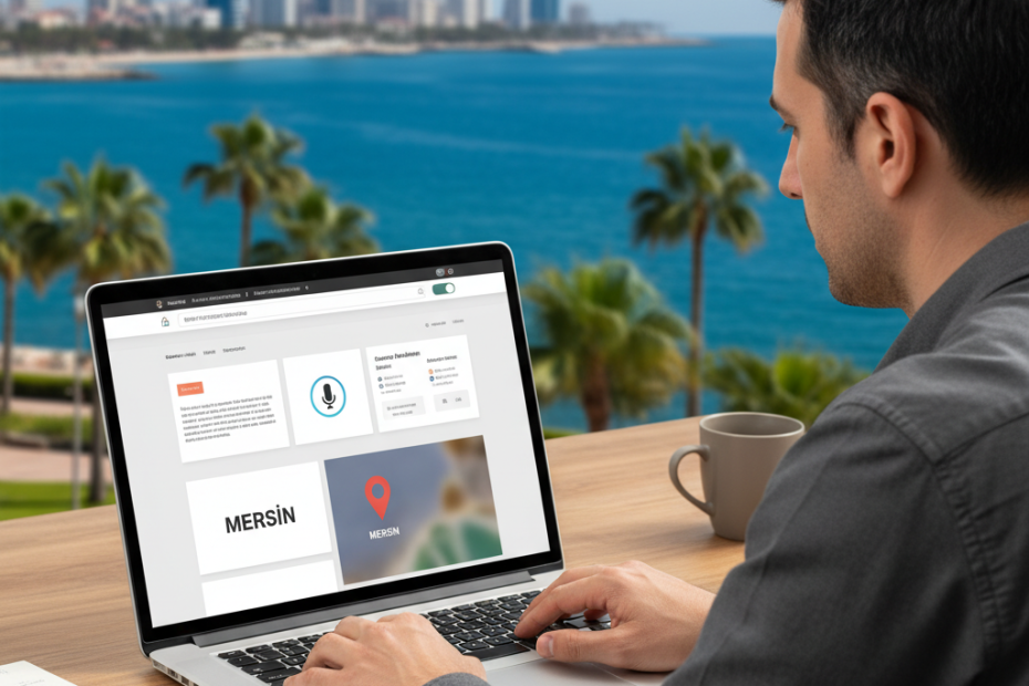 Mersin web sitesi tasarımı: modern web arayüzü, responsive design, dark mode, mikro animasyonlar, voice search, Akdeniz manzarası, web geliştirici çalışma masası