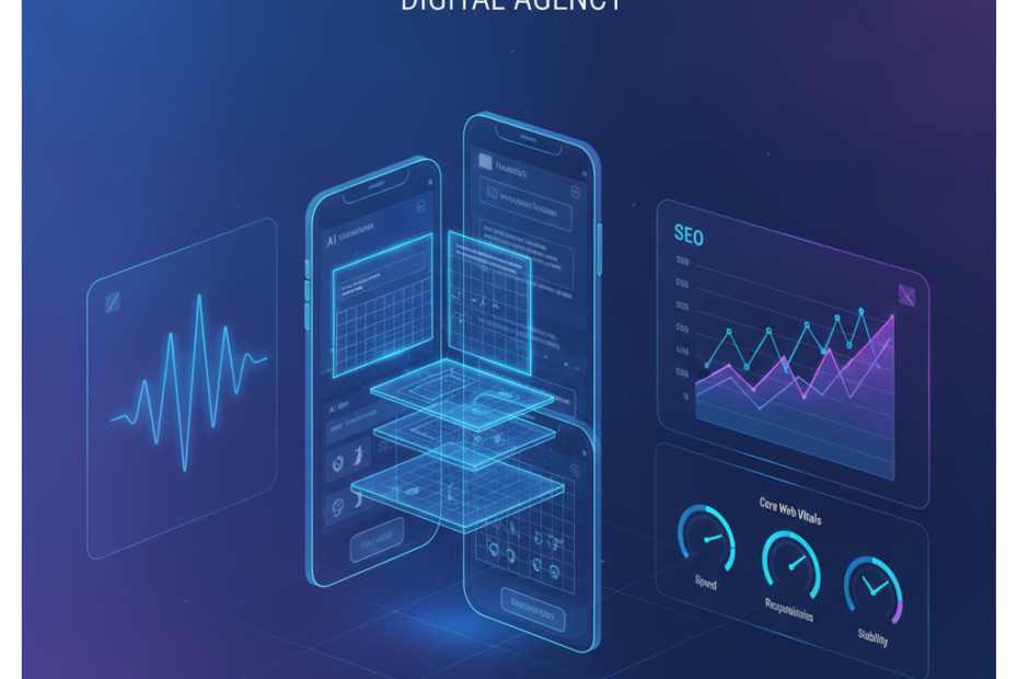 2025 web tasarım trendleri için yapay zeka destekli SEO ve mobil uyumlu arayüz görseli