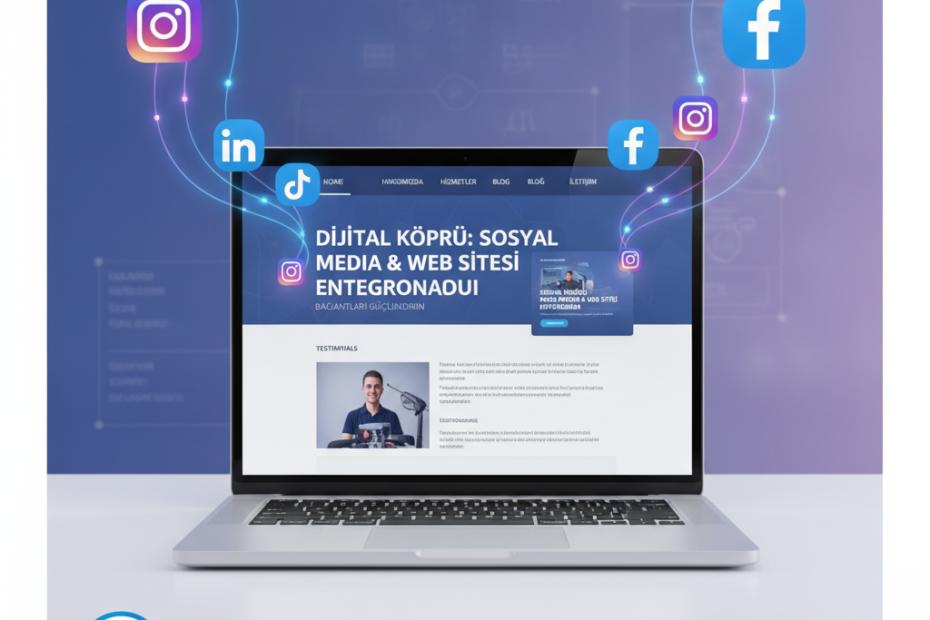 Sosyal medya platformlari ve web sitesi entegrasyonu konsepti dijital pazarlama stratejisi 2026